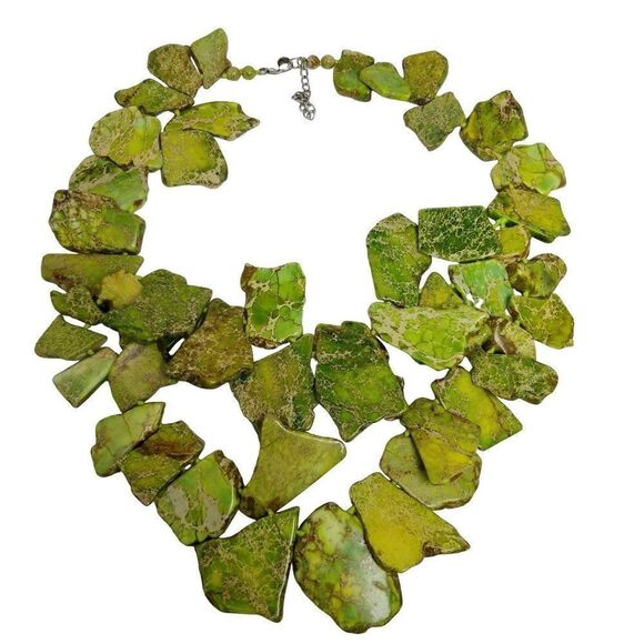 Sterling Silver and Dyed Green Howlite Stone Slab Two Strand Statement Necklace - Picture 1 of 7